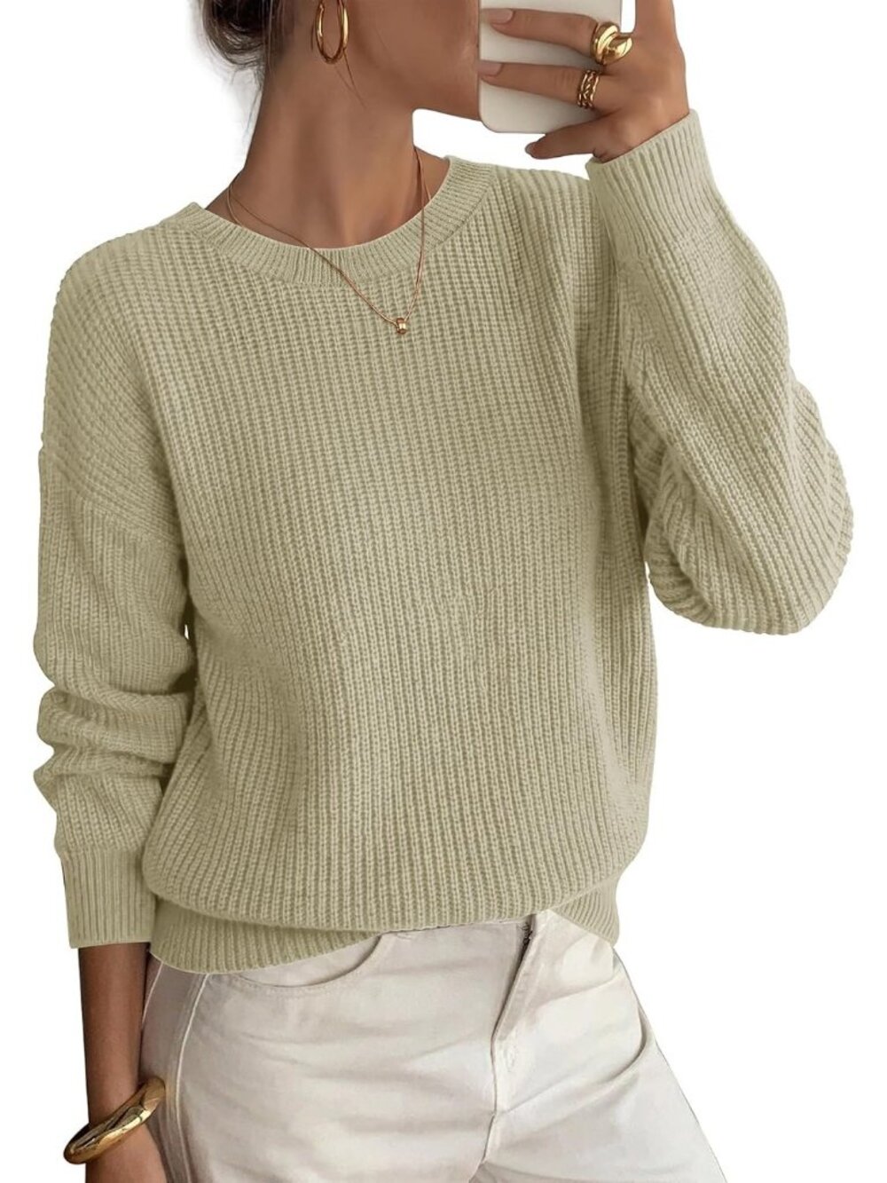 Women's Apricot Crew Neck Long Sleeve Fall Fashion Trendy Crew Neck Sweaters